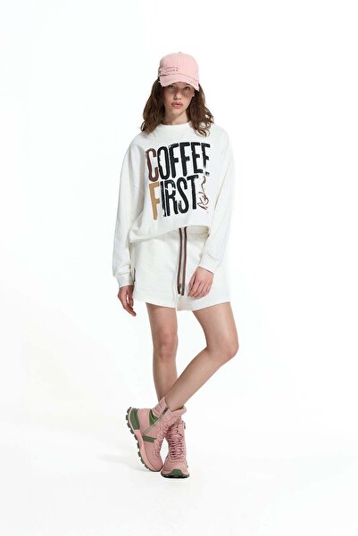#vdr viadellerose Ecru Coffee Printed Crop Sweatshirt 19202