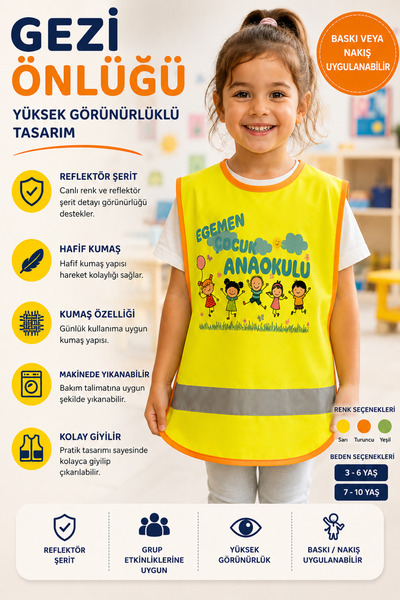 deepsed Çocuk Gezi Önlüğü Reflektörlü Okul Anaokulu Güvenlik Yeleği Kişiye ve...