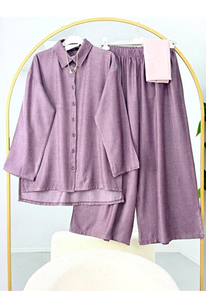 modasindoma Women's Trendy Shirt and Trousers Set with Side Slits, Plum Color