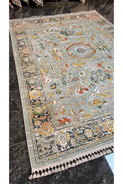 Vintage Etnik Desen Gri Taba Sarı Şönil Kilim Dokuma Makine Halısı Yıkanabilir Tozumaz Havsız Salon Oturma Çocuk Odası Mutfak