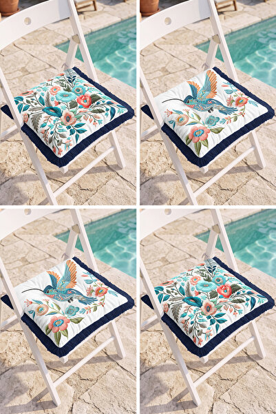Realhomes Hummingbird Bird and Colorful Flower Patterned 4-Piece Fringed Puff...