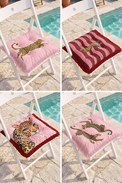 Realhomes Modern 4-Piece Fringed Pouf Chair Cushion Set with Leopard Pattern,...