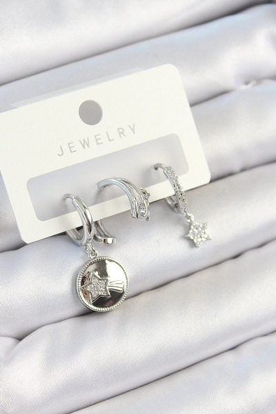 SORA GROUP Brass Zircon Stone Dangle Star Model Silver Color 3-Piece Double W...