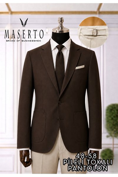 MASERTO Erkek Kahverengi Slim Fit Klasik Blazer Ceket Krem Pileli Tokalı Pant...
