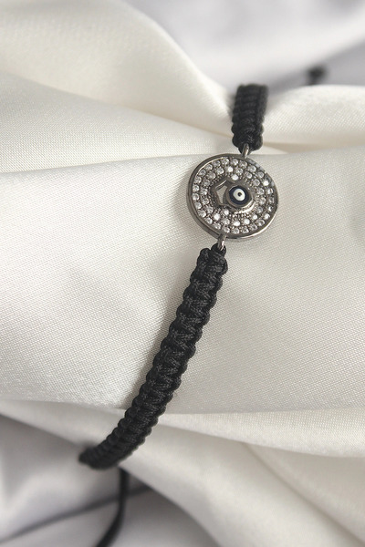 SORA GROUP Brass Smoked Color Zircon Stone Evil Eye Bead Embellished Macrame ...