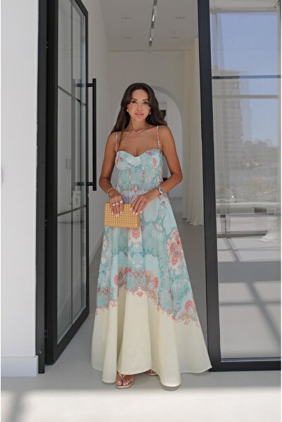Havoş Turquoise Corsage Patterned Strappy Linen Dress