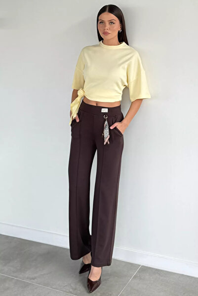 Aryena Brown Women's High Waist Accessory Detailed Green Trousers