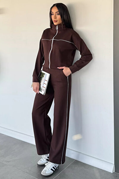 Aryena Brown Women's Hooded Front Zipper Ribbed Waist Elasticized Tracksuit Set