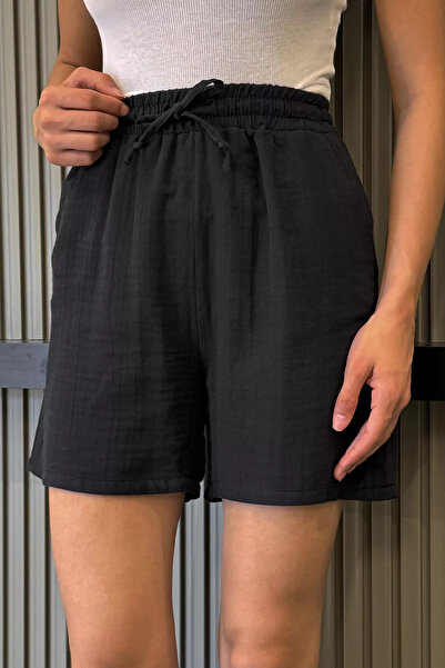 Aryena Black Women's Elastic Waist Pocket Shorts