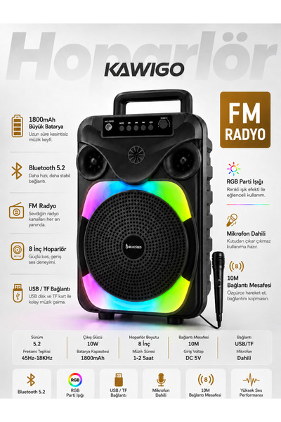kawigo Hoparlör 8 İnç Bluetooth 5.2 Hoparlör Mikrofonlu RGB Işıklı FM Radyolu...