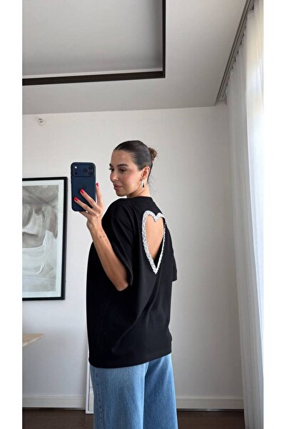 path-y homewear&sportwear Kadın Oversize Sırt Dekolteli Kalp Taş İşlemeli Sal...