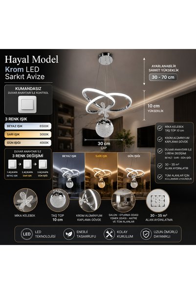 mubeda aydınlatma Hayal Model Krom LED Sarkıt Avize - 3 Renk Aydınlatma (KUMA...