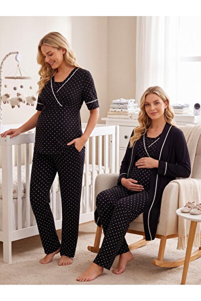 Lohusa Homewear طقم بيجامة للحوامل من القطن بنسبة 100% بأكمام قصيرة وتصميم سه...