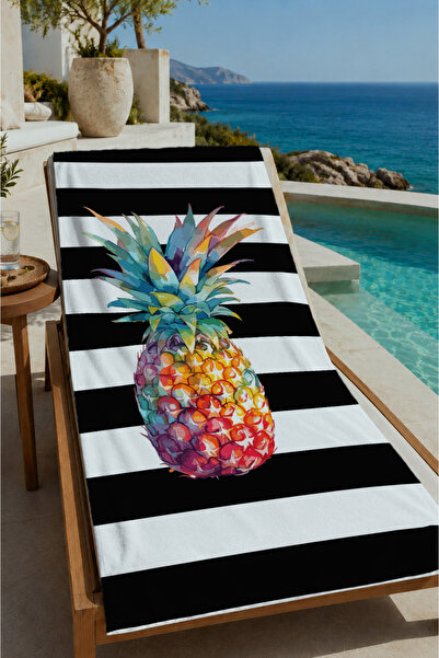 Evmila Black and White Striped Pineapple Patterned 70X150 Beach Towel - Digit...