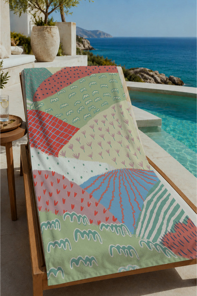 Evmila Pastel Patchwork Geometric Wave Pattern 70X150 Beach Towel - Digital P...