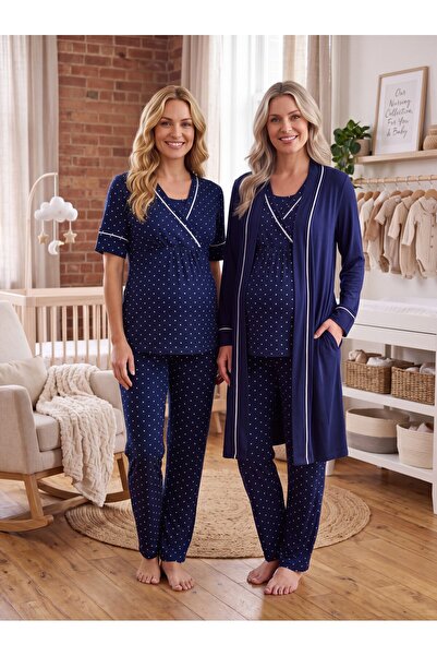 Lohusa Homewear New Season Navy Blue Polka Dot Design with Easy Breastfeeding...
