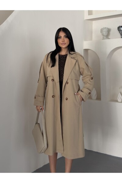 schlank Double-Breasted Collar Belted Double-Button Long Trench Coat