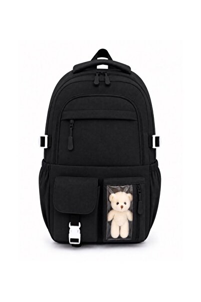 Bambus Kawaii Kore Tarzı Aksesuarlı Ortopedik Yerli Günlük Okul Çantası Siyah