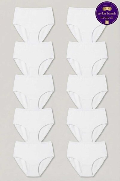 Sedef Yıldızı Pack of 10 White Women's High Waist Cotton Gathering Panties Pl...