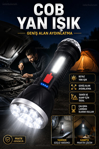 nelerbulurum Şarjlı Disko Toplu Işıldak Olabilen El feneri 9+1 LED El Feneri Type-C Şarj Girişli 5 Modlu Kamp Lambası Rgb Led Işık Işıldak El feneri