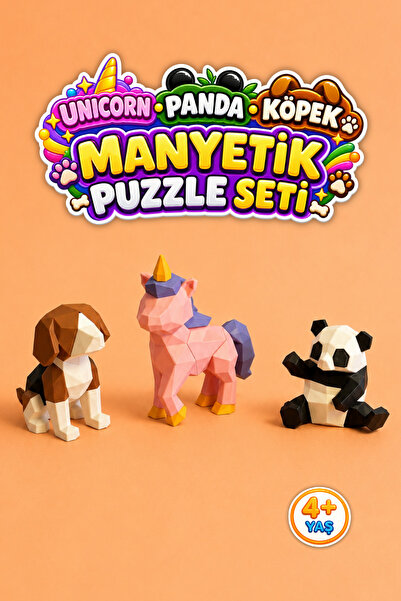 3’lü Manyetik Puzzle Seti – Unicorn Panda Köpek 3 Boyutlu Manyetik Yapboz Oyuncak