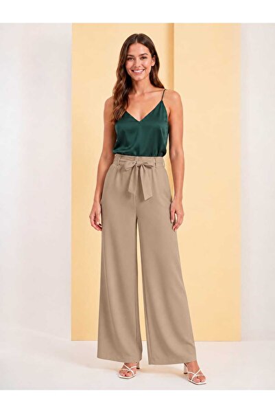 SSO Wide Leg Double Fabric Trousers with Self-Tie Detail on the Front and Ela...