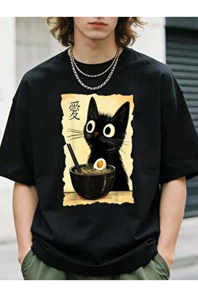 23ERVA 1pc Womens Cute Black Cat Ramen Lover TshirtCotton 180gsm.Printed Tee....