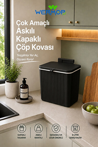 SAFİR 8 Litre Mutfak Tezgâh Üstü ve Dolap Askılı Kapaklı Çöp Kovası