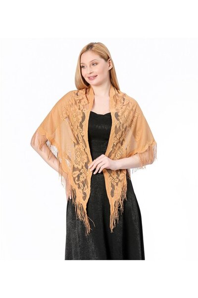 STARSTAR Vintage floral women's scarf dark green tassel evening shawl.