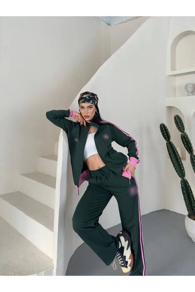 mylunessa Green Zippered Front Striped Long Sleeve Tracksuit Set