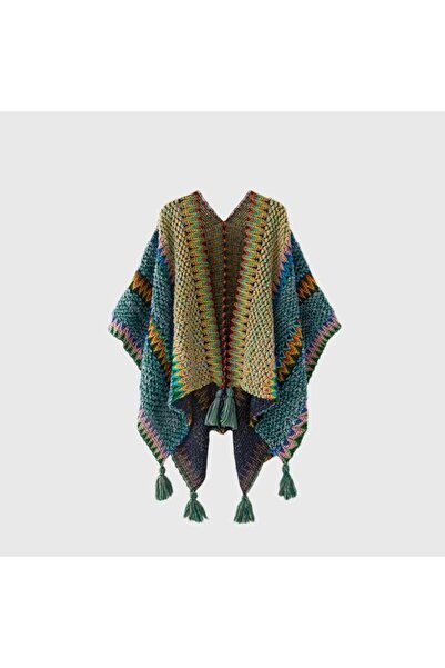STARSTAR Women's knitted shawl cape vintage ethnic tassel stripes.