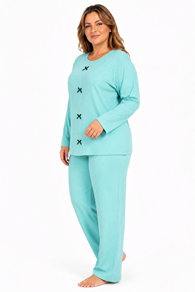 FAMES PİJAMA Büyük Beden Kaşkorse Mevsimlik Su Yeşili Pijama Takımı