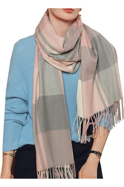 STARSTAR Women's faux cashmere scarf powder blue plaid tassel warm.