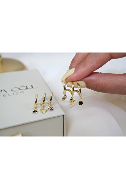 ATELİER TUĞBA Kp668 Heart Star and Black Enamel Earrings (Length 20 mm)