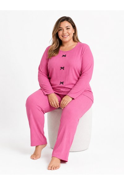 FAMES PİJAMA Büyük Beden Kaşkorse Mevsimlik Pembe Pijama Takımı