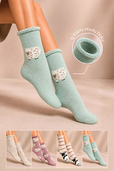 KARDEŞLER ÇORAP Women's Non-Elastic Lambswool Winter Thick Socks 4-Pack