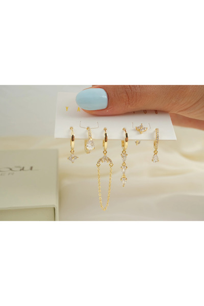 ATELİER TUĞBA Çkp6032 Stone-Embellished Chain and Hanging 6-Piece Earring Set