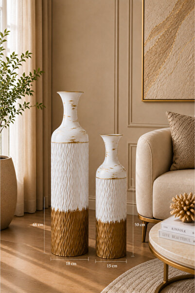 MİS KİTCHEN Set of 2 Large Decorative Vases Gold White Living Room Floor Vase