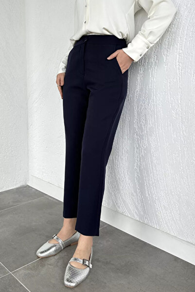 GÜLSELİ Navy Blue Puane High Waist Elasticated Hijab Fabric Trousers