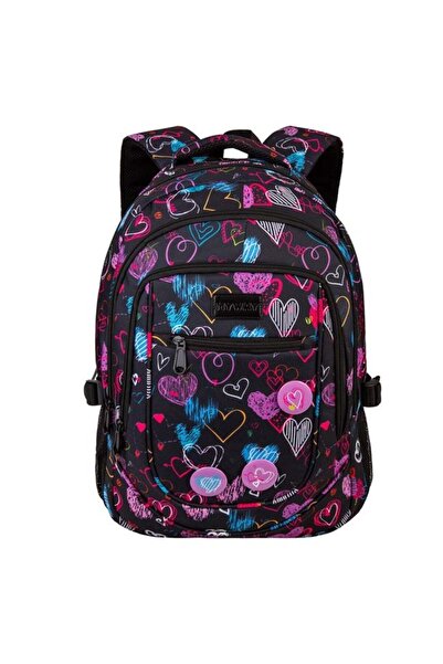 My Way Rucsac negru cu inimi colorate și 3 insigne