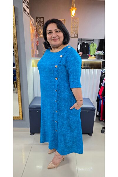 sinemisxxl Plus Size Cotton Turquoise Pocket Dress