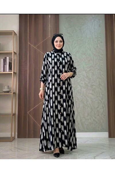 MİSMOLY Patterned Daily Hijab Dress with Buttons and Pockets