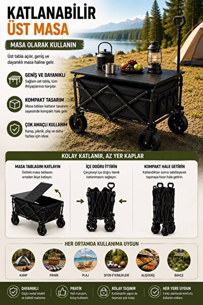 teknodayım Foldable Camping Trolley with Top Shelf, 130 kg Carrying Capacity,...