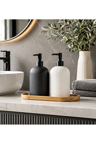 DİLAY HOME Set of 2 Black and White Liquid Soap Dispensers – Striped Modern B...