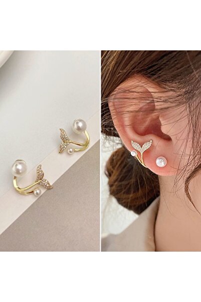 Glamluxe Women's Gold Fish Tail Model Zircon Stone Pearl Ghost Earrings