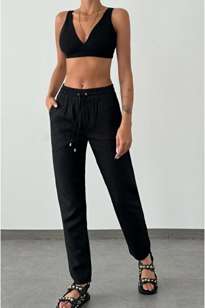 Clothes Fast Women's Black Jogger Pants with Elastic Waist, Lace-Up Side Pock...