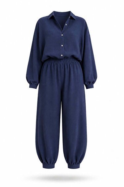 5in1Canpolat Navy Blue Tensel Shirt Pants Set 50957