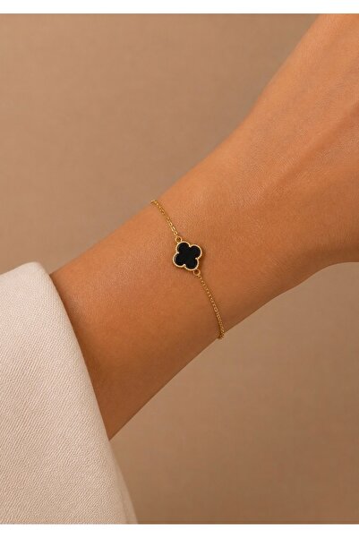 LİNOVE JEWELLERY Gümüş siyah yonca bileklik 925 ayar gümüş üzeri 14K altın ka...