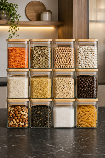 Karçiçeği Home 12’li 1230 ml Kare Borosilikat Cam Kavanoz Seti – Bambu Kapaklı Vakumlu - 8459-1