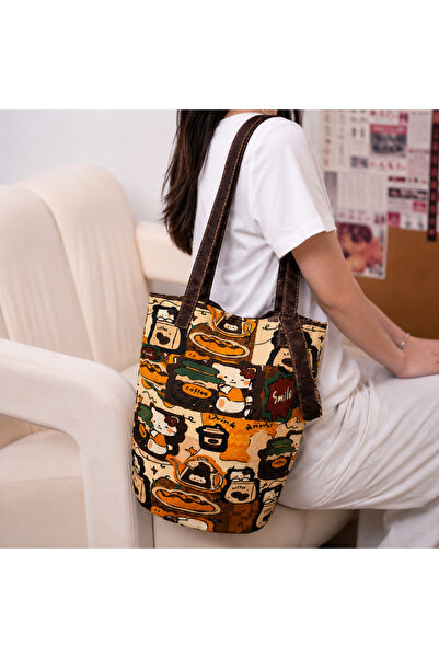Street Bag حقيبة كتف وحقيبة يد بتصميم كوري لطيف على شكل دلو مع نمط قطة مرسومة...